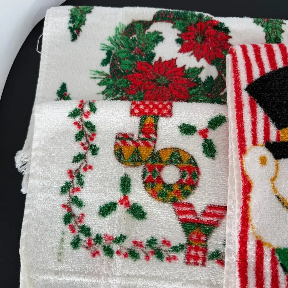 VTG MCM Christmas Kitchen Towel Set 4 Fringe Joy Terry Cloth Santa Poinsettia